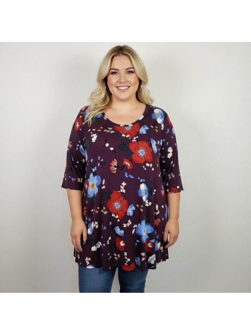 Penningtons In Every Story Purple Floral Stretch Jersey Tunic Top Floral New 5X